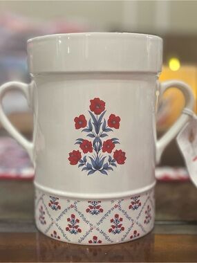 My Texas House White Ceramic Double-Handled Vase with Red Floral Motif